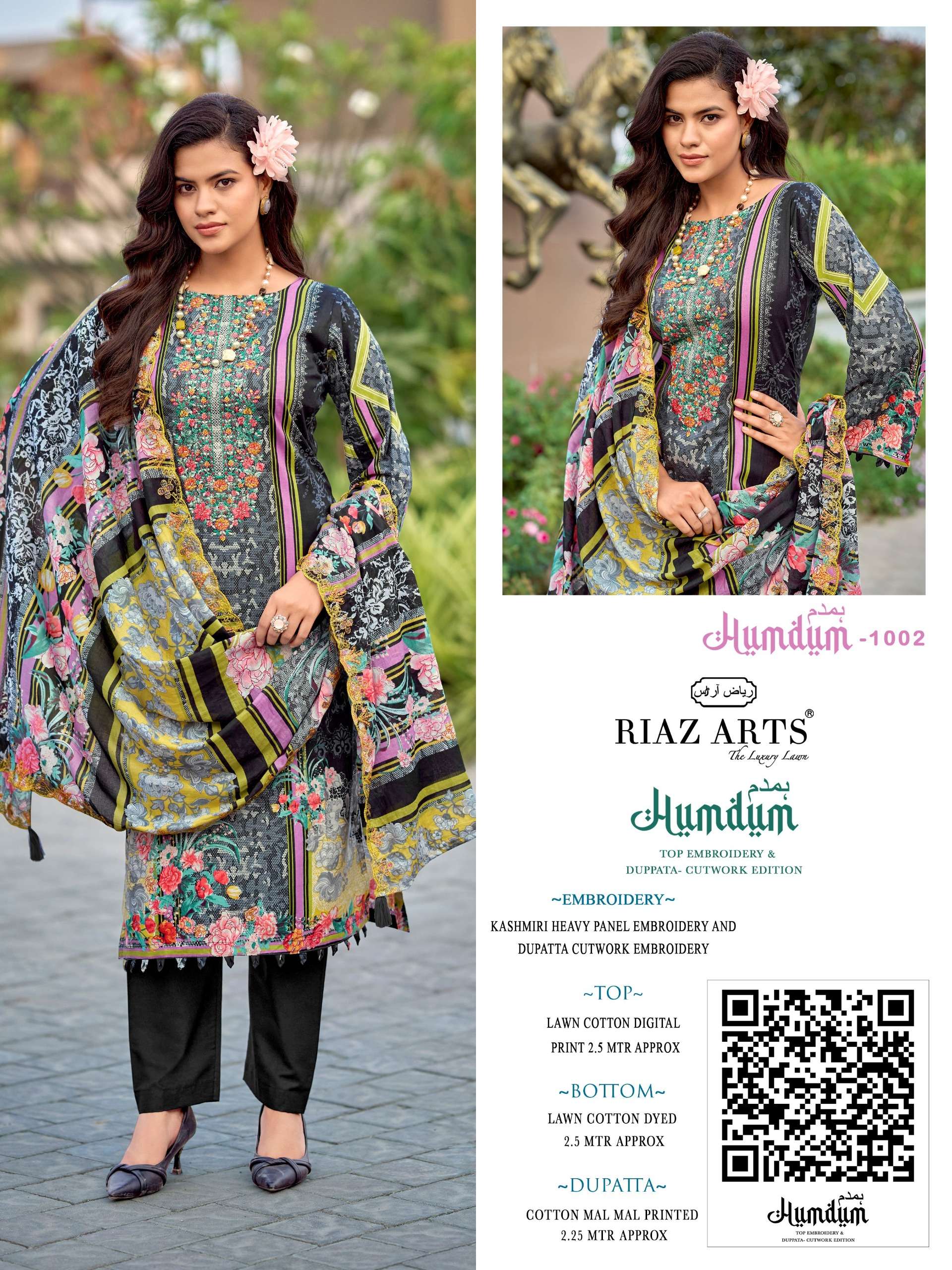 RIAZ ARTS HUMDUM TOP & DUP WORK LAWN COTTON DESIGNER PAKISTANI STYLE SUIT TEXTILE MARKET 